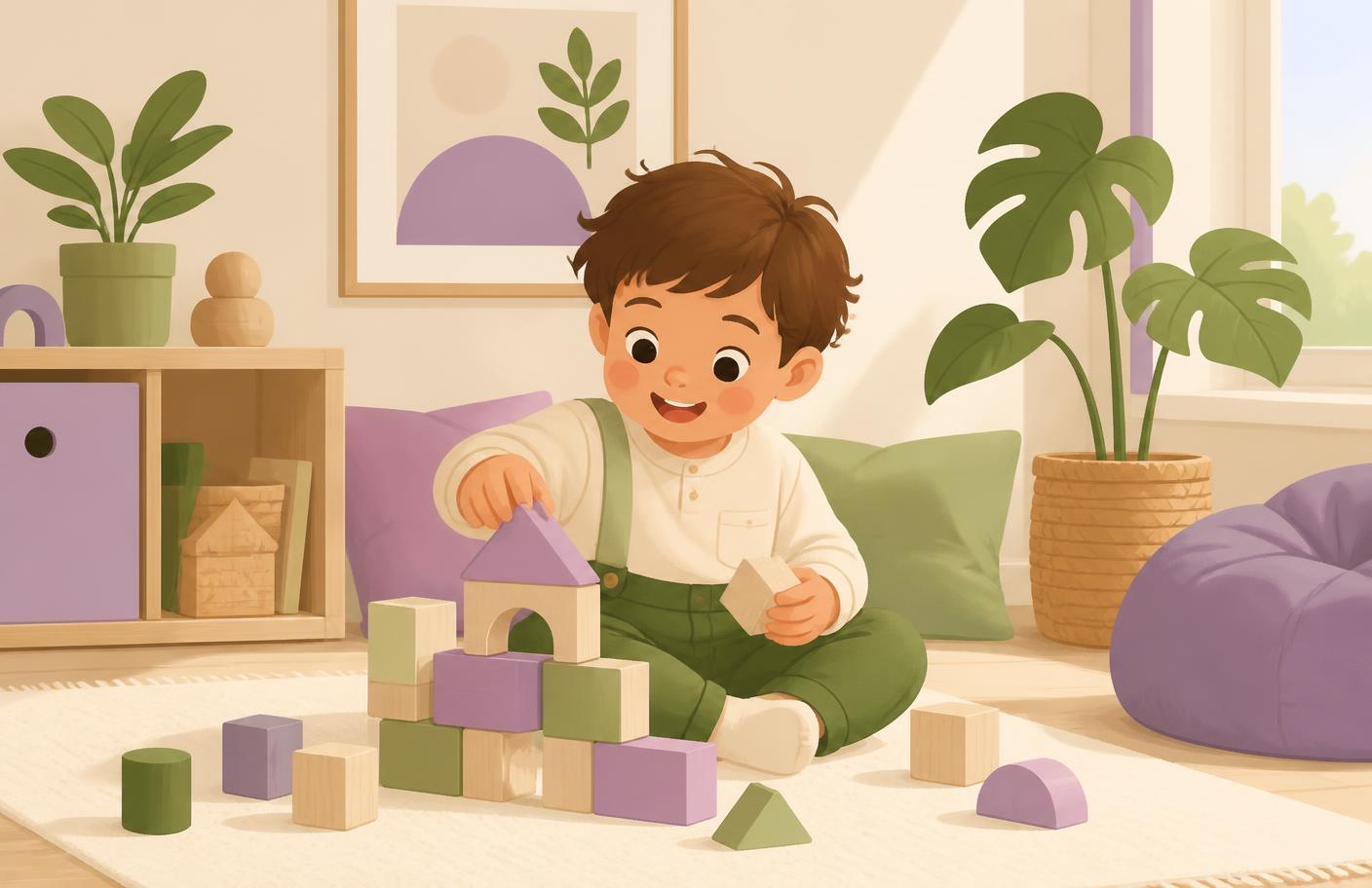Ilustración de un niño jugando con bloques en un espacio cálido y seguro de Recreo Play Café