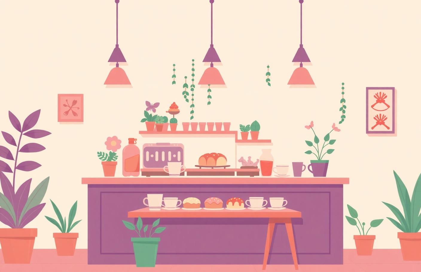 Ilustración del mesón de la cafetería con tazas de café y pastelería