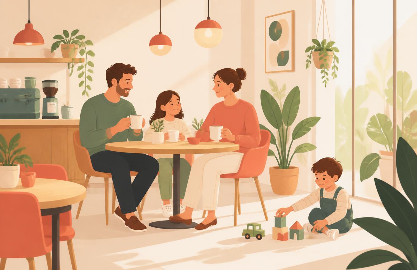 Ilustración de una familia disfrutando café en Recreo Play Café mientras un niño juega cerca