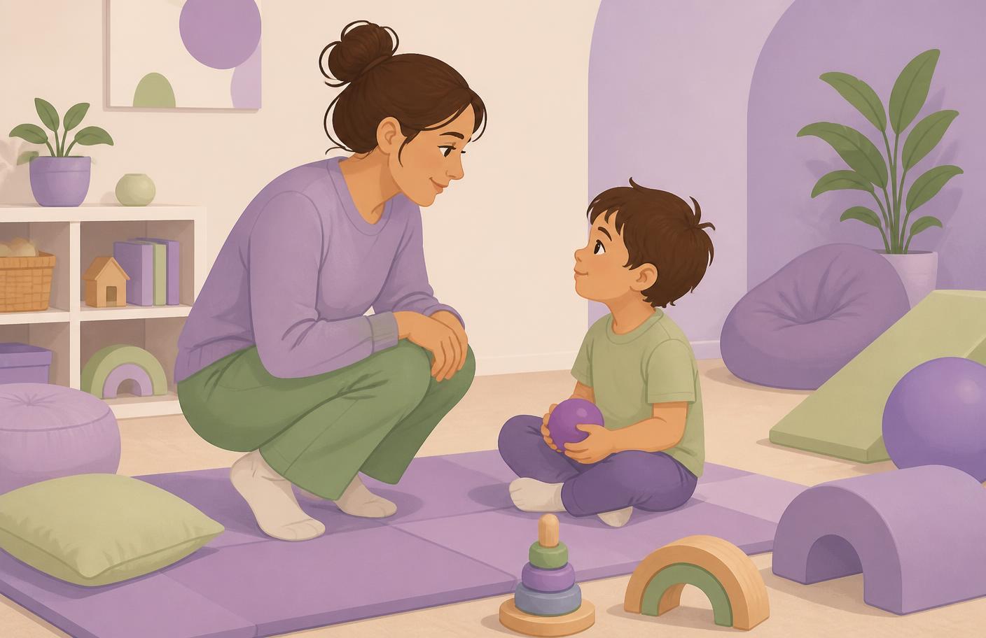 Ilustración de una terapeuta infantil acompañando a un niño en un espacio de juego de Recreo Play Café