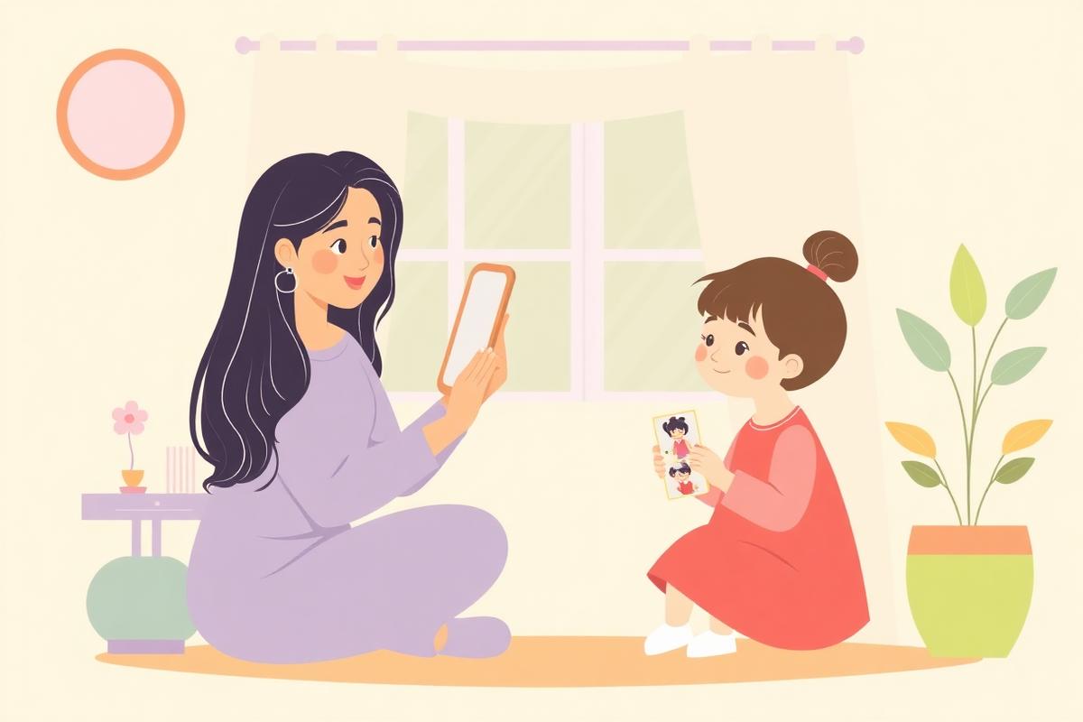 Ilustración de una fonoaudióloga trabajando lenguaje con una niña usando espejo y tarjetas