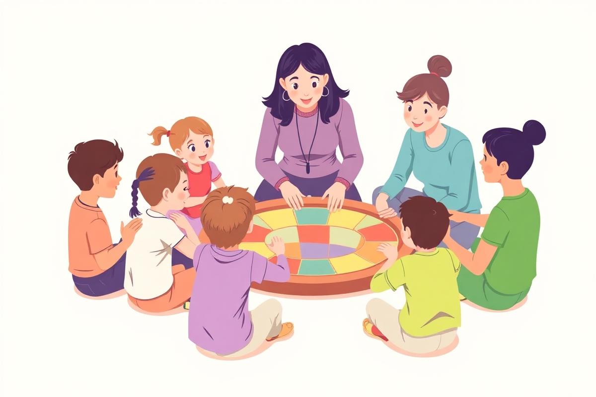Ilustración de un grupo de niños jugando en círculo en un taller de habilidades sociales