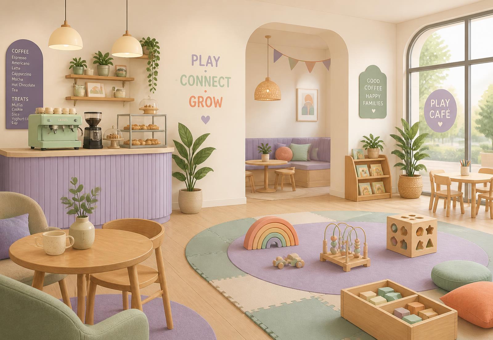 Ilustración del espacio de Recreo Play Café con zona de juegos, mesas y cafetería