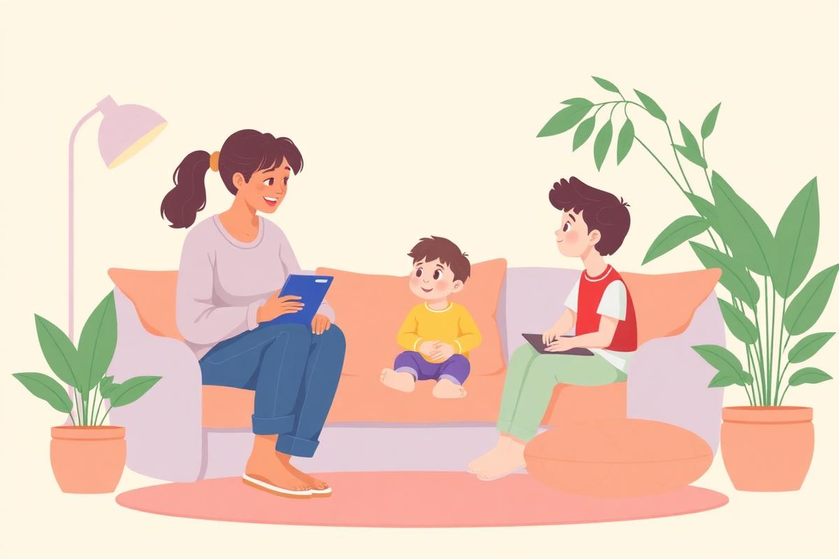 Ilustración de una psicóloga conversando con un niño y un adolescente en un espacio cálido