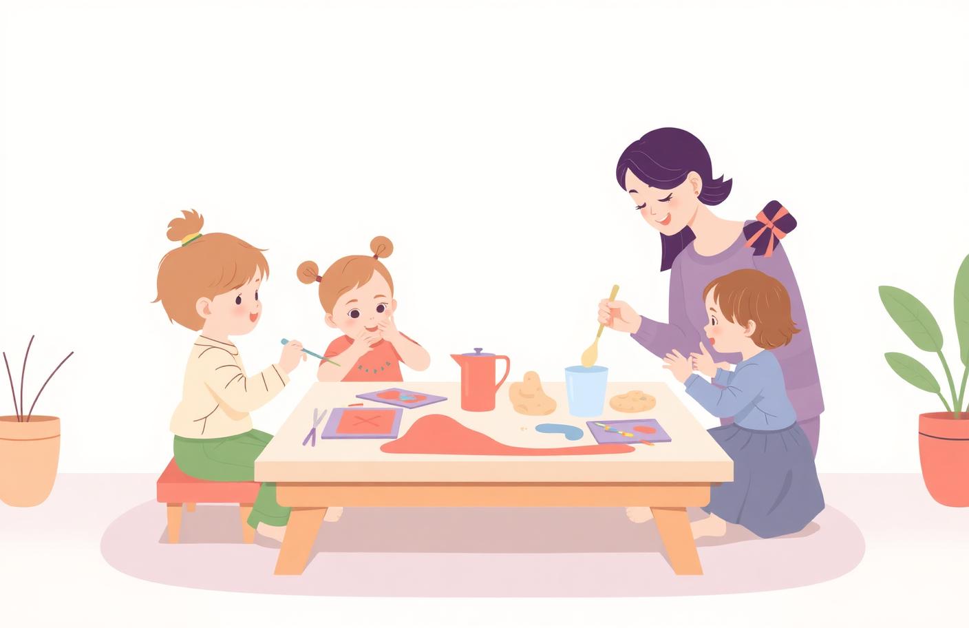 Ilustración de niños en un taller de juego y exploración
